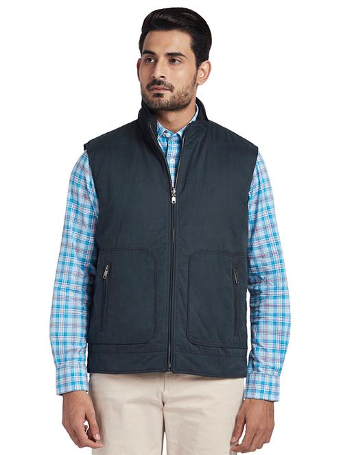 navy blue solid casual jacket - 17766377 - Very Small Image - 1