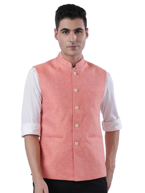 orange solid linen nehru jacket - 17766494 - Very Small Image - 1