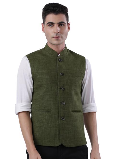 olive solid linen nehru jacket - 17766498 - Very Small Image - 1