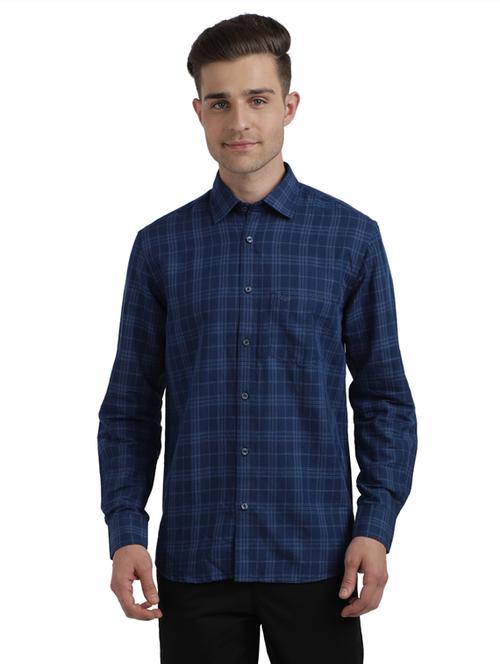 navy blue checkered linen casual shirt - 17766884 - Very Small Image - 1