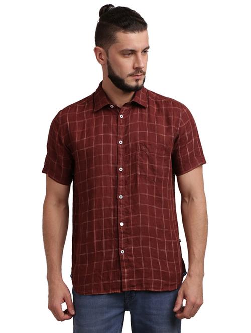 brown checkered linen casual shirt - 17768215 - Very Small Image - 1