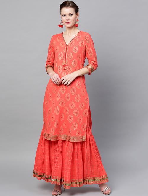 red cotton kurta palazzo set - 17769193 - Very Small Image - 1