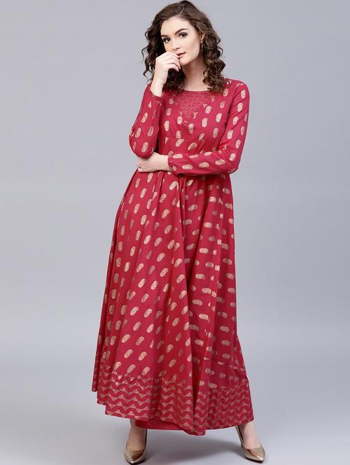foil print flared ethnic dress - 17770032 - Very Small Image - 1