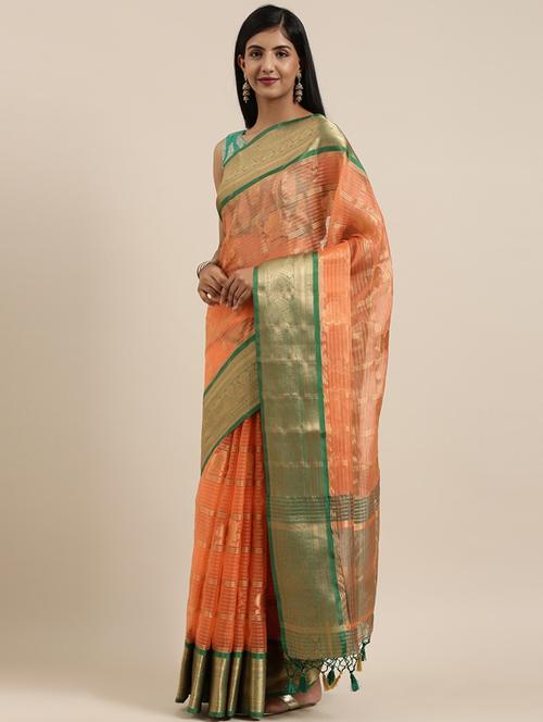 orange art silk banarasi saree with blouse - 17772588 - Very Small Image - 1