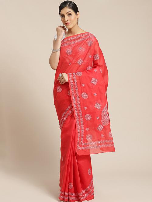 ada hand-embroidered red chikankari saree with blouse - 17772693 - Very Small Image - 1