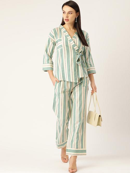 tie front striped top with trouser set - 17773487 - Very Small Image - 1