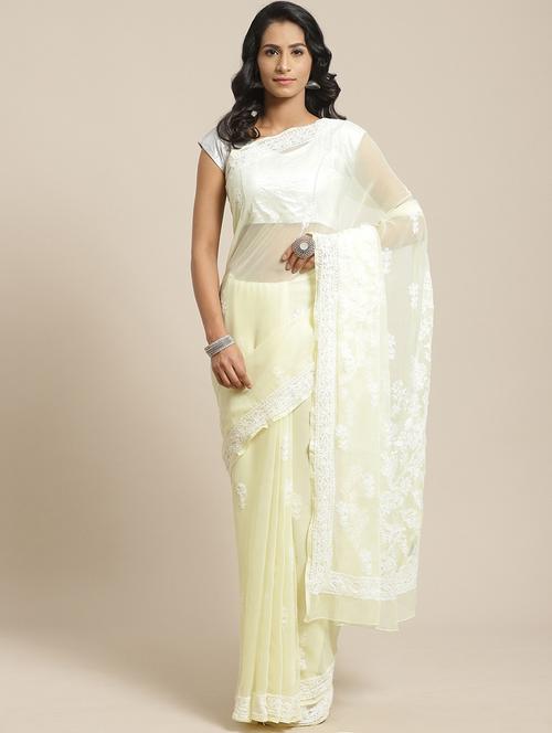 ada hand-embroidered lemon chikankari saree with blouse - 17774169 - Very Small Image - 1