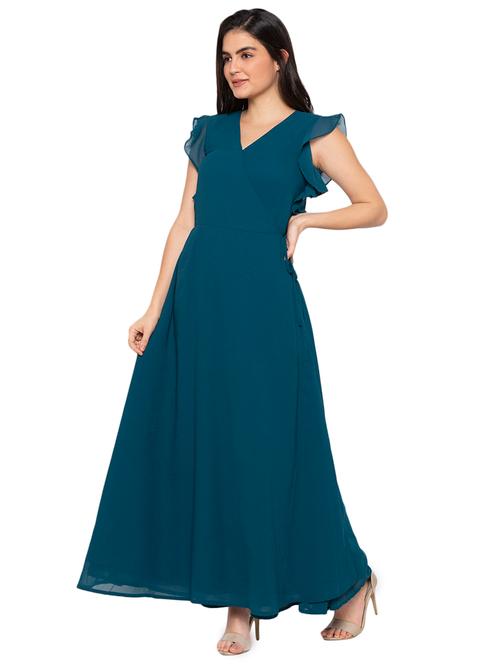 overlap neck solid fit & flare dress - 17776395 - Very Small Image - 1
