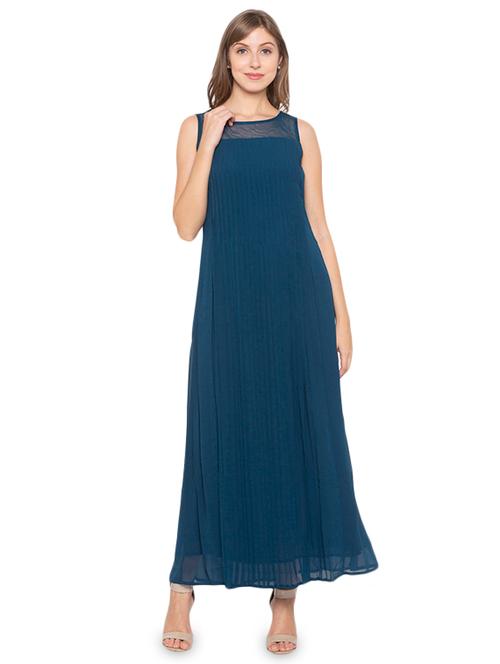 mesh panel solid fit & flare dress - 17776450 - Very Small Image - 1
