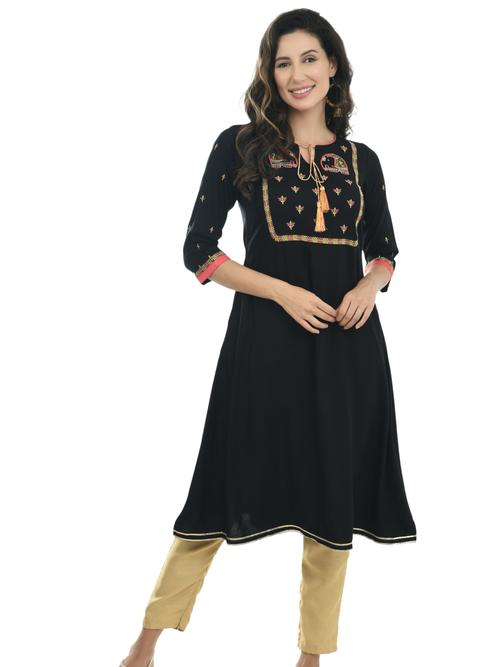 ilisha black yoke design a-line kurta - 17777792 - Very Small Image - 1