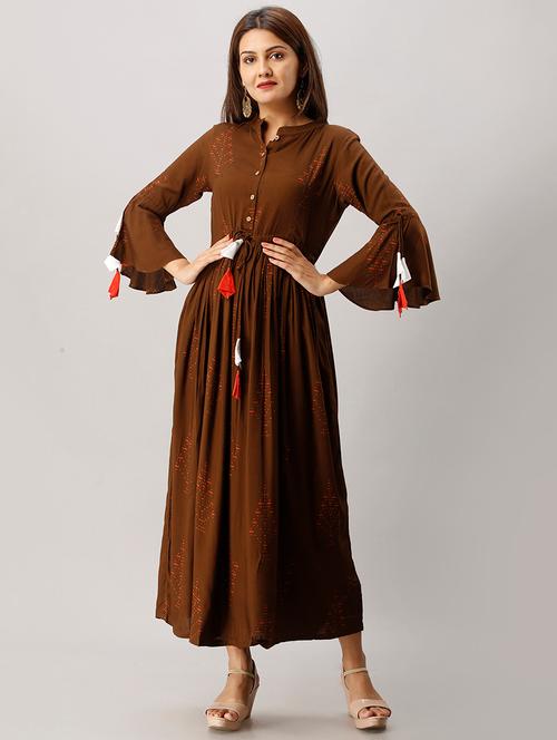 brown printed flared kurta - 17777869 - Very Small Image - 1
