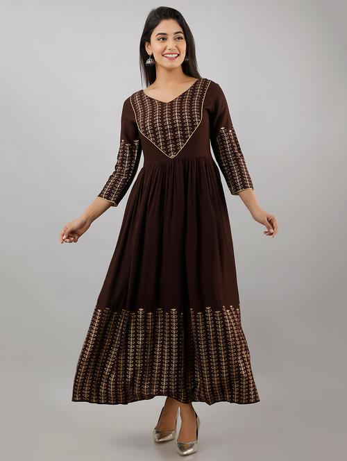 gold printed flared kurta - 17777877 - Very Small Image - 1