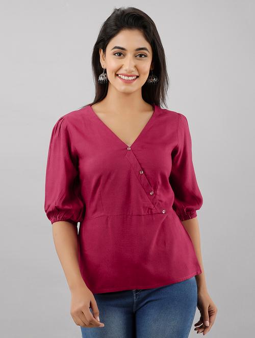 overlap neck puff sleeved top - 17777913 - Very Small Image - 1