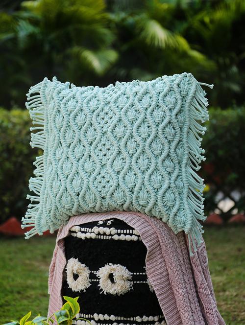 aqua green macramé cushion cover with fringes - square - 17779167 - Very Small Image - 1