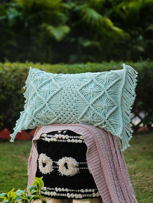 aqua green macramé cushion cover with fringes - rectangle - 17779169 - Very Small Image - 1