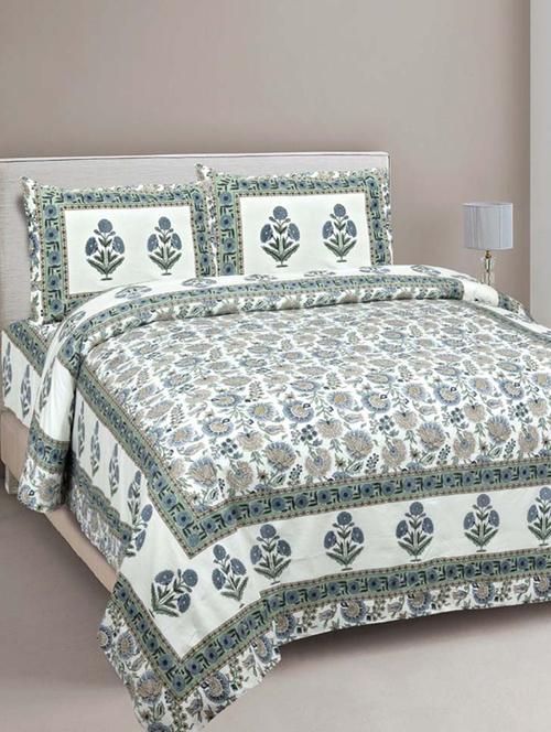pure cotton green color floral ethnic jaipuri double bedsheet - 17780928 - Very Small Image - 1