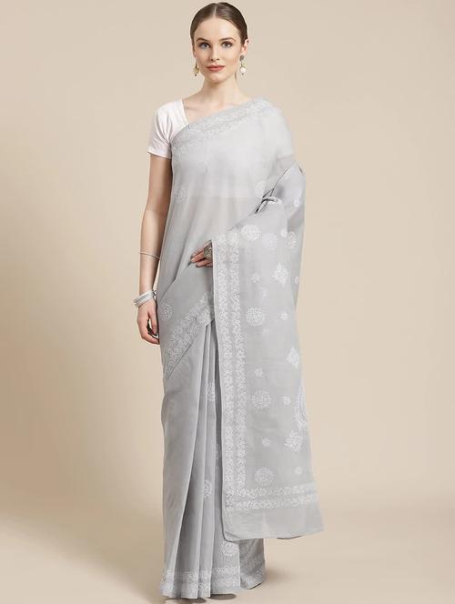 ada hand-embroidered grey chikankari saree with blouse - 17783764 - Very Small Image - 1