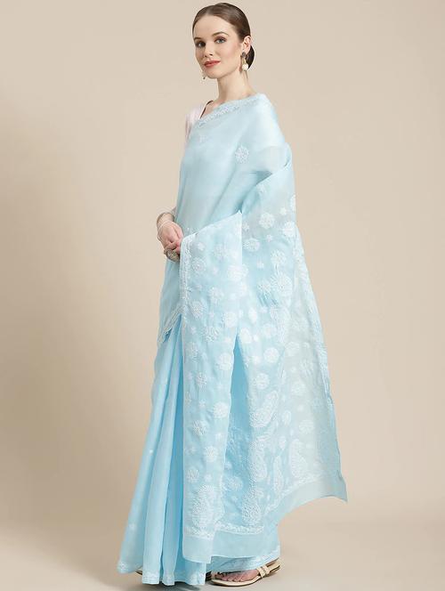 ada hand-embroidered blue chikankari saree with blouse - 17783765 - Very Small Image - 1