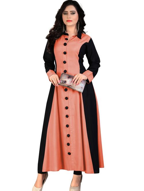 madhuram woman solid cotton rayon blend flared kurta (peach, black) - 17785096 - Very Small Image - 1