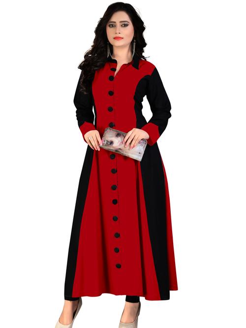 madhuram woman solid cotton rayon blend flared kurta (red, black) - 17785098 - Very Small Image - 1