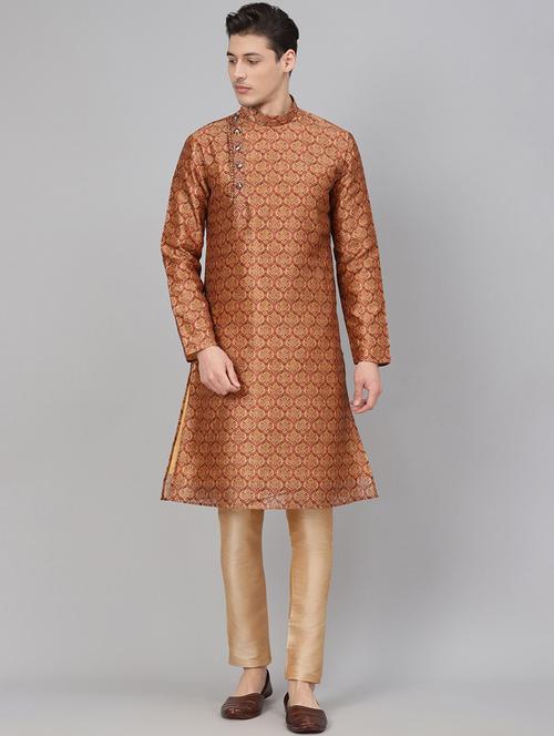brown printed silk blend kurta pyjama set - 17790452 - Very Small Image - 1