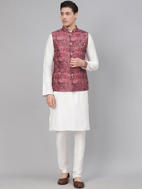 off white solid kurta pyjama set with maroon printed nehru jacket - 17790478 - Very Small Image - 1