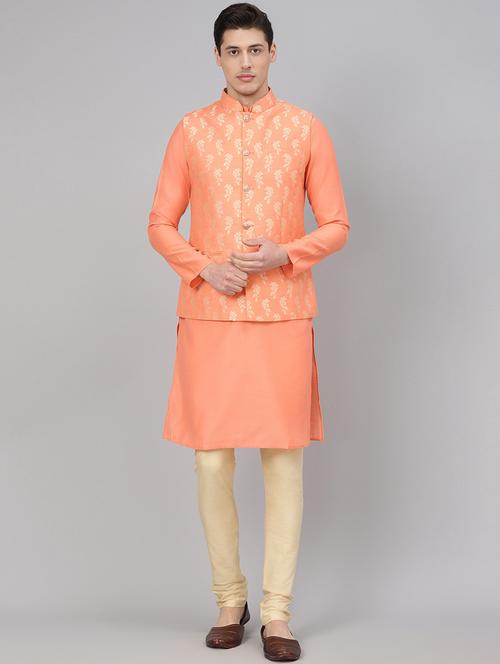 peach solid kurta pyjama set with jacquard nehru jacket - 17790490 - Very Small Image - 1