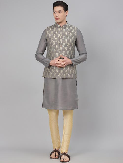 grey solid kurta pyjama set with jacquard nehru jacket - 17790495 - Very Small Image - 1
