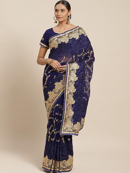 navy blue embroidered saree with blouse - 17791994 - Very Small Image - 1