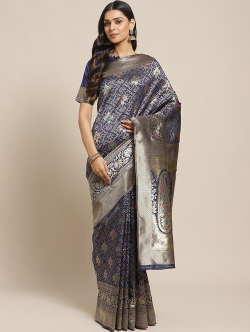 navy blue woven saree with blouse - 17792034 - Very Small Image - 1