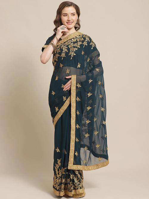 navy embroidered saree with blouse - 17792044 - Very Small Image - 1