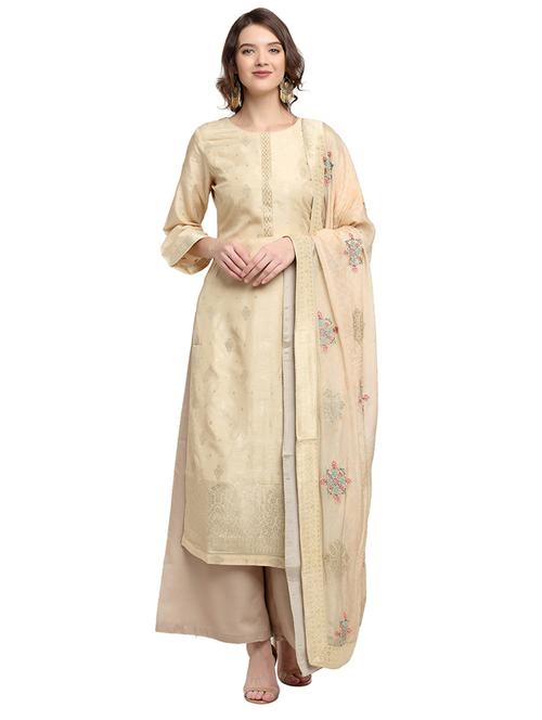 beige silk unstitched suit - 17792617 - Very Small Image - 1