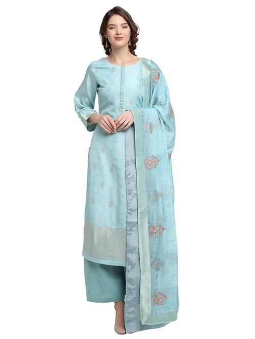 sky blue silk unstitched suit - 17792621 - Very Small Image - 1