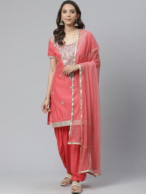 pink chanderi cotton unstitched suit - 17792669 - Very Small Image - 1
