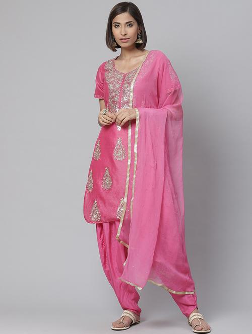 pink chanderi cotton unstitched suit - 17792673 - Very Small Image - 1