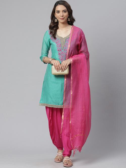 green chanderi cotton unstitched suit - 17792675 - Very Small Image - 1