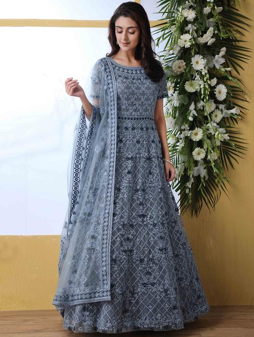 embroidered net flared gown - 17794002 - Very Small Image - 1