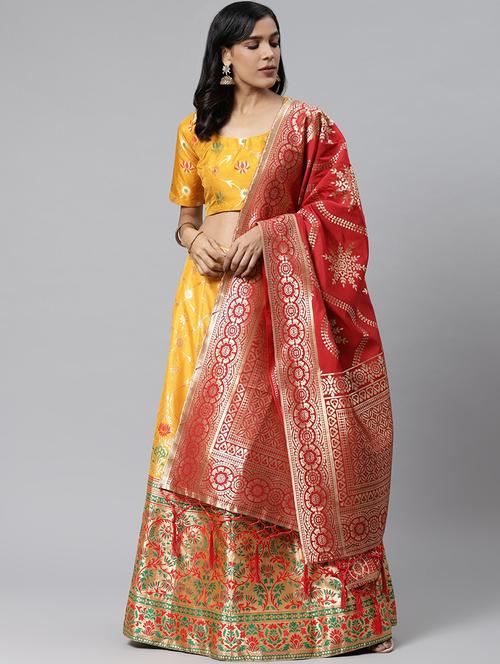 yellow art silk aline lehenga - 17795486 - Very Small Image - 1