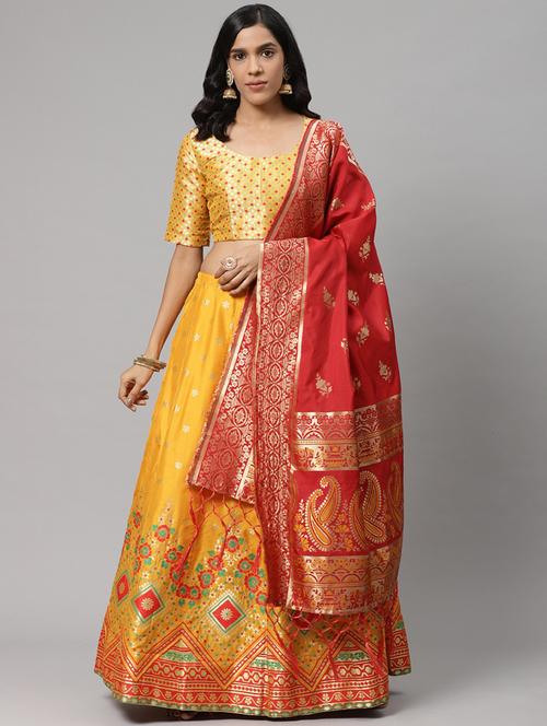 yellow art silk aline lehenga - 17795487 - Very Small Image - 1