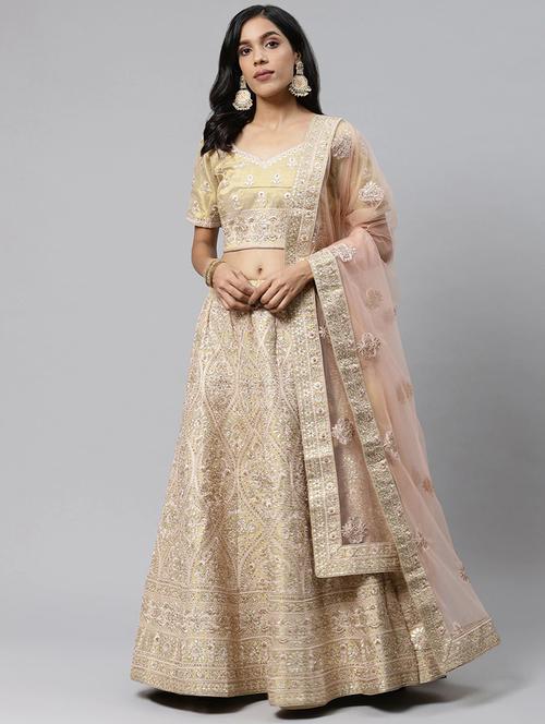 gold silk flared lehenga - 17795511 - Very Small Image - 1