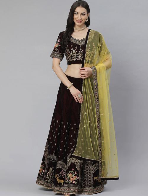 purple velvet aline lehenga - 17795520 - Very Small Image - 1