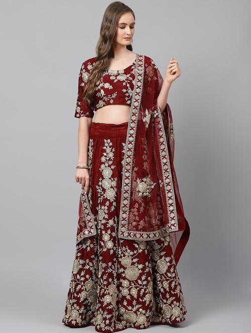 maroon poly silk flared lehenga - 17795671 - Very Small Image - 1