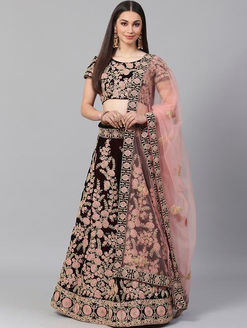 maroon velvet aline lehenga - 17795692 - Very Small Image - 1