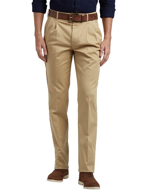 beige solid pleated casual trouser - 17798474 - Very Small Image - 1