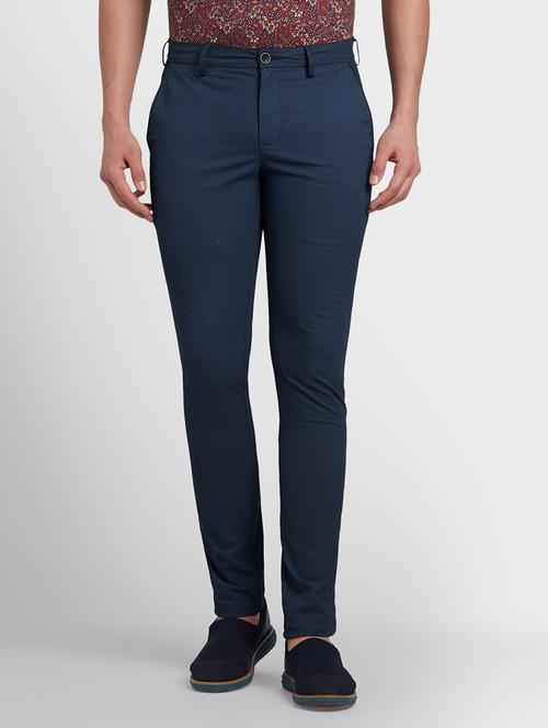 navy blue textured flat front casual trouser - 17798554 - Very Small Image - 1