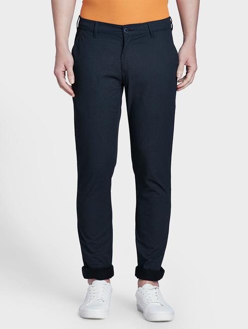 navy blue textured flat front casual trouser - 17798555 - Very Small Image - 1