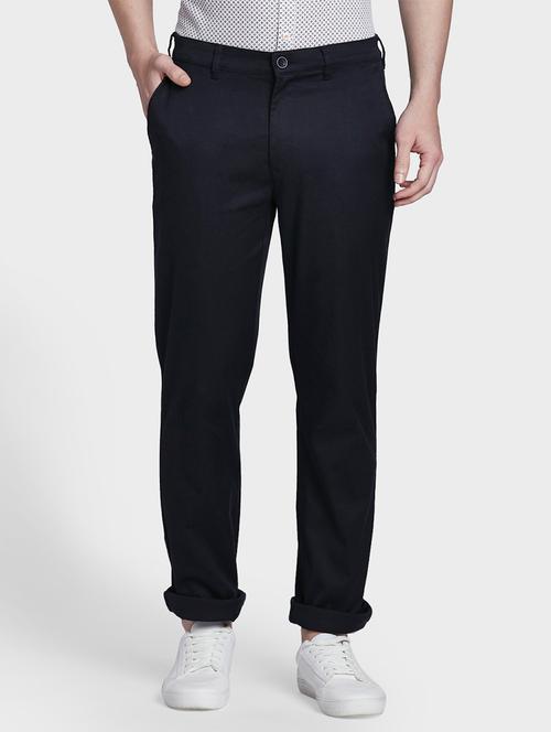 navy blue solid flat front casual trouser - 17798600 - Very Small Image - 1