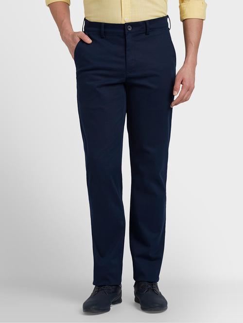 navy blue solid flat front casual trouser - 17798608 - Very Small Image - 1