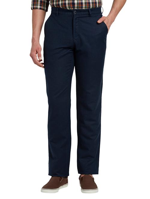 navy blue solid flat front casual trouser - 17798616 - Very Small Image - 1