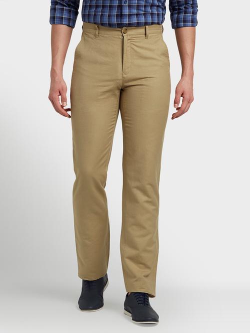 khaki solid flat front casual trouser - 17798618 - Very Small Image - 1